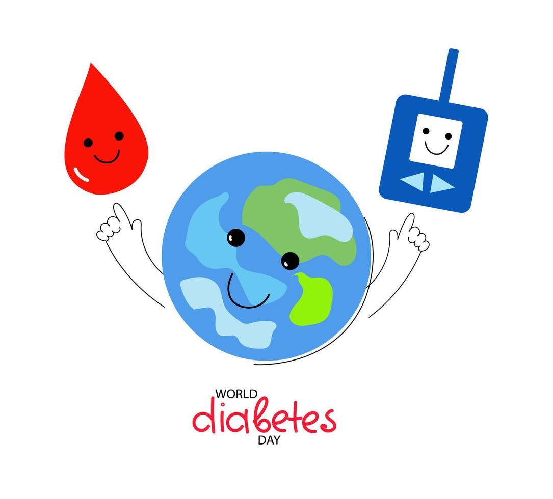 horizontale bannervorlage für soziale medien für den weltdiabetestag. lustiger planetencharakter mit blutstropfen, digitaler glucometer. Vektor flache Cartoon-Doodle-Banner.