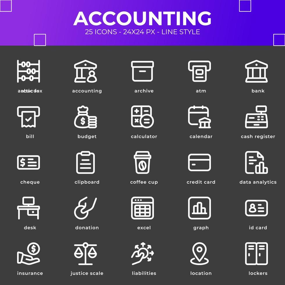 Accounting Icon Pack mit schwarzer Farbe vektor