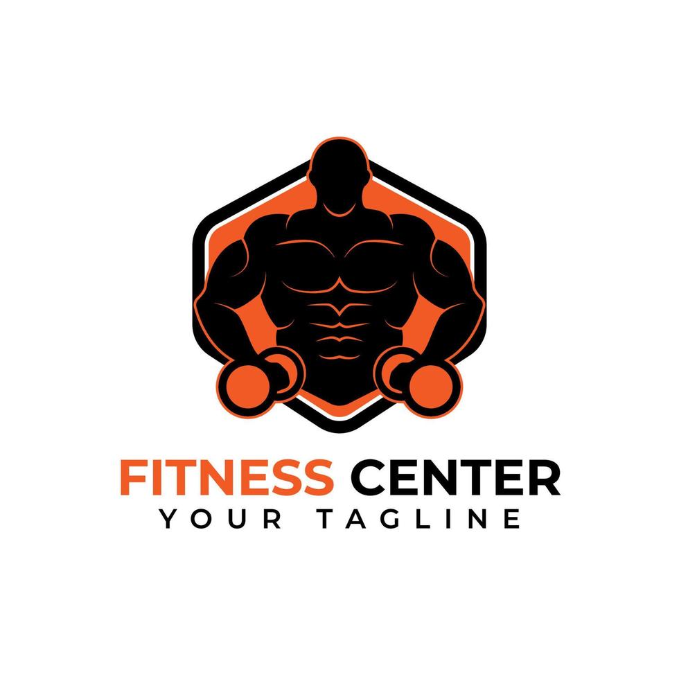 Fitness-Fitnesscenter und Bodybuilding-Logo-Vektordesign in Schwarz und Orange vektor