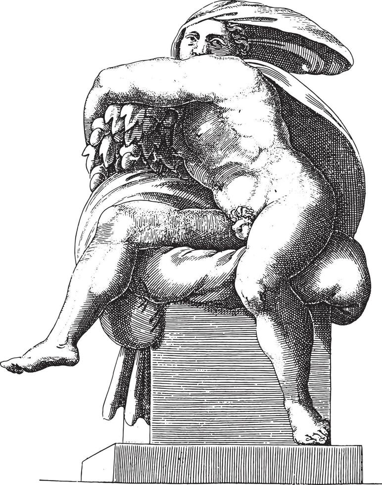 sittande naken, Adamo scultori, efter michelangelo, 1585, årgång illustration. vektor