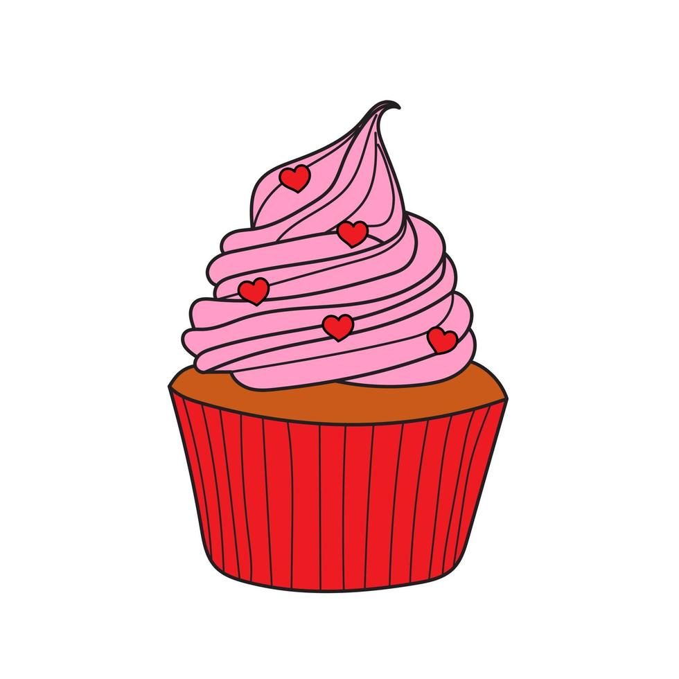 hellluftiger pinker Keks zum Geburtstag. süßer Cupcake mit Herzen. Vektorillustration auf weißem Hintergrund vektor