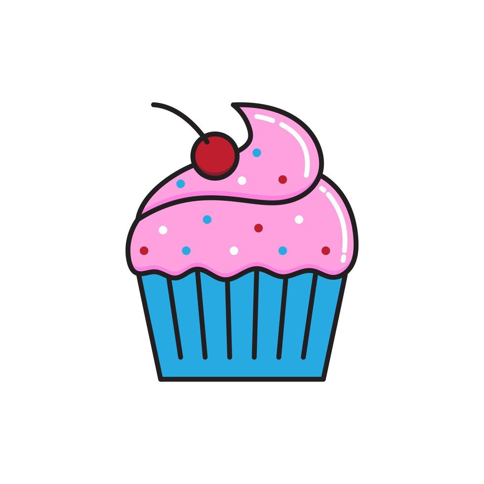 Cupcake mit rosa Sahne und einer Kirsche auf weißem Hintergrund. Vektor-Illustration isoliert auf weißem Hintergrund vektor