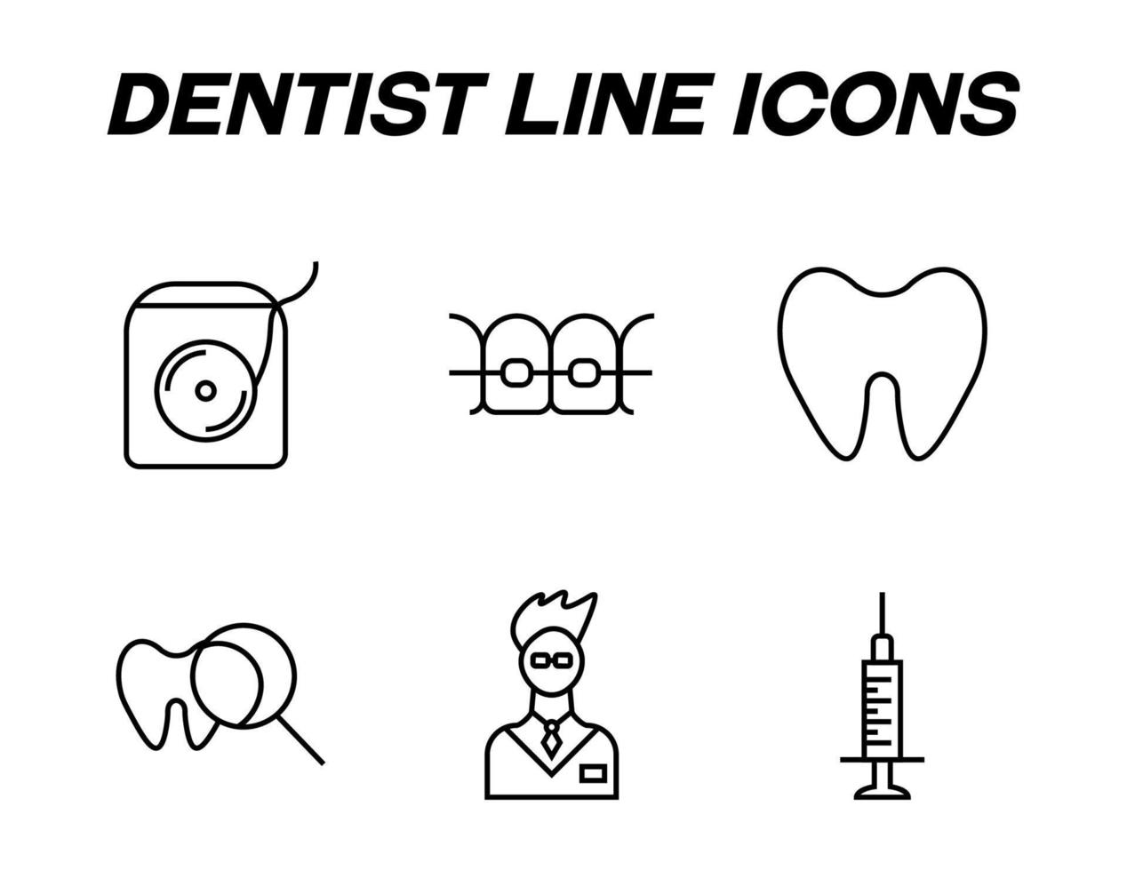 svartvit tecken i platt stil för butiker, butiker, webb webbplatser. redigerbar stroke. vektor linje ikon uppsättning med symboler av dental flock, tandställning, undersöka, spruta, tandläkare