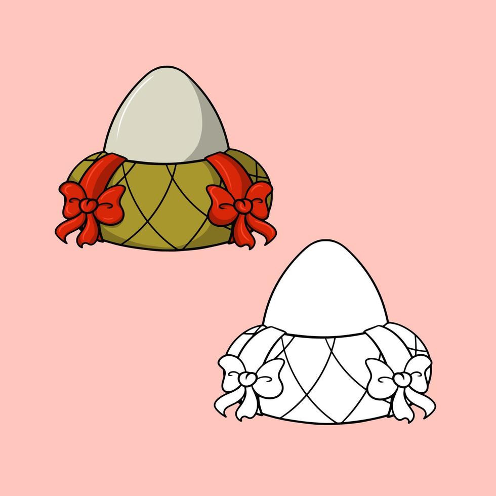 en uppsättning av bilder, en kokt ägg på en dekorativ stå med röd band, en vektor illustration i tecknad serie stil på en färgad bakgrund
