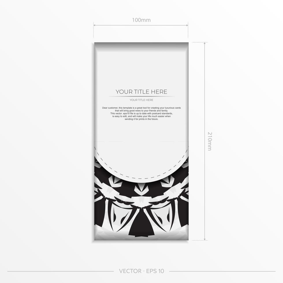 luxuriöse vektorvorlage für druckdesignpostkarten weiße farbe mit schwarzen mustern. Vorbereitung einer Einladung mit einem Platz für Ihren Text und abstrakte Ornamente. vektor