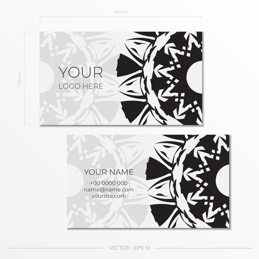 mall för skriva ut design företag kort i vit med svart mönster. framställning en företag kort med en plats för din text och ett abstrakt prydnad. vektor