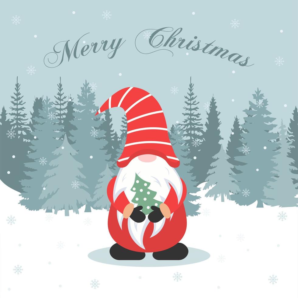 jul kort gnome med en jul träd i hans händer. vektor illustration.