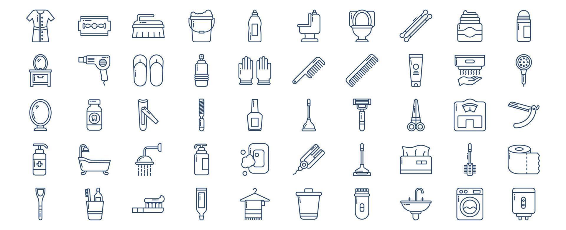 Sammlung von Symbolen im Zusammenhang mit Badezimmer- und Toilettenzubehör, einschließlich Symbolen wie nn und mehr. vektorillustrationen, pixelperfekter satz vektor