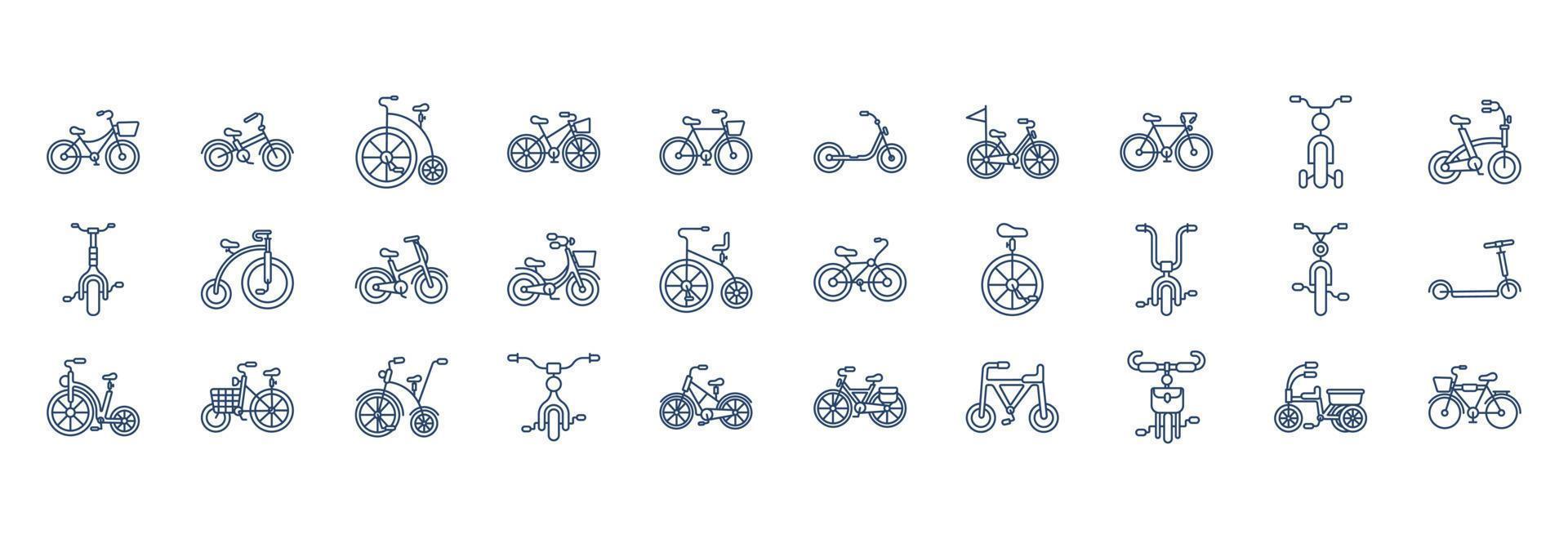 Sammlung von Symbolen im Zusammenhang mit Fahrrädern, einschließlich Symbolen wie Rad, Pedal, Sitz und mehr. vektorillustrationen, pixelperfekter satz vektor