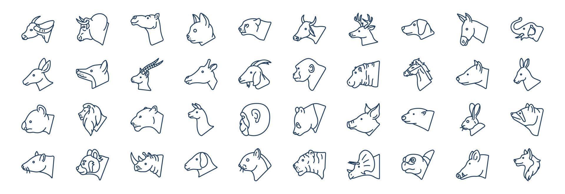 Sammlung von Symbolen im Zusammenhang mit Tierköpfen, darunter Symbole wie Stier, Katze, Panda, Löwe und mehr. vektorillustrationen, pixelperfekter satz vektor