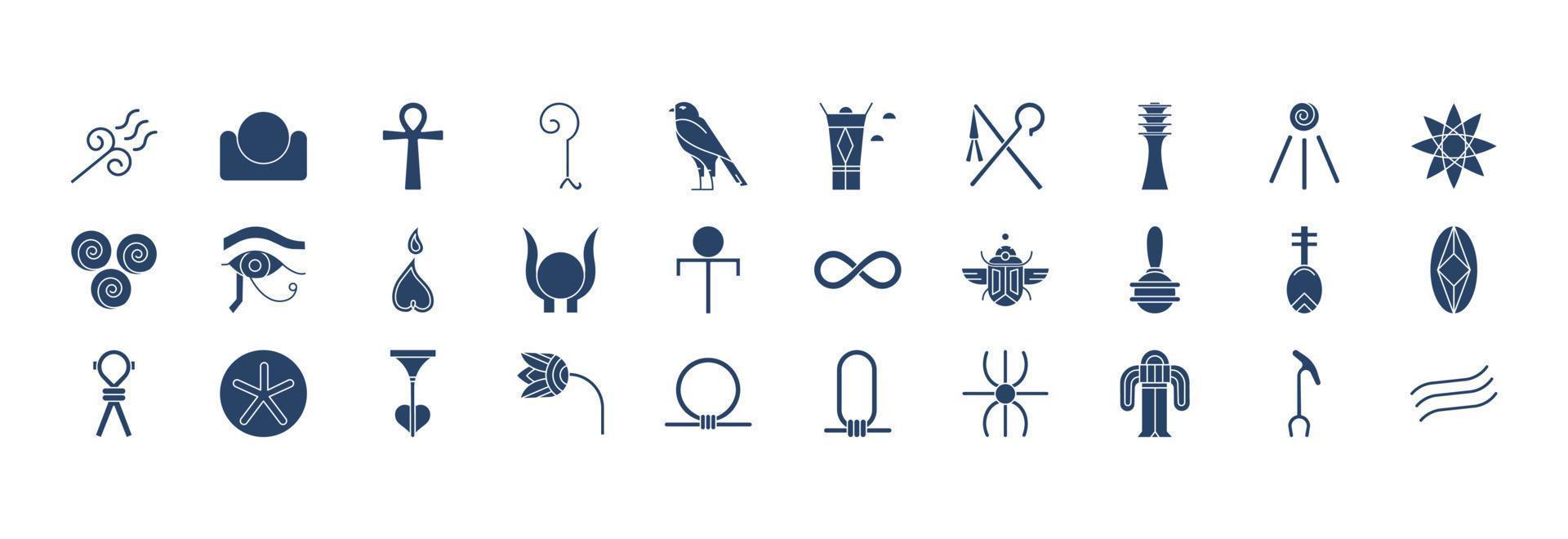 Sammlung von Symbolen im Zusammenhang mit ägyptischen Symbolen, darunter Symbole wie Luft, Feuer, Gott und mehr. vektorillustrationen, pixelperfekter satz vektor