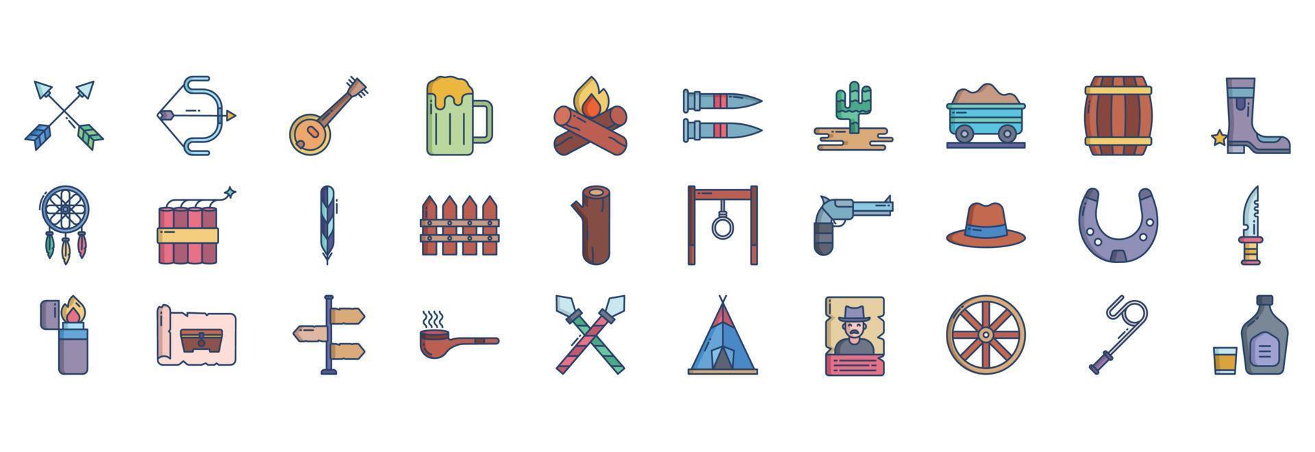 Sammlung von Symbolen im Zusammenhang mit Cowboy und Wildwest, darunter Symbole wie Pfeil, Banjo, Bier, Lagerfeuer und mehr. vektorillustrationen, pixelperfekter satz vektor