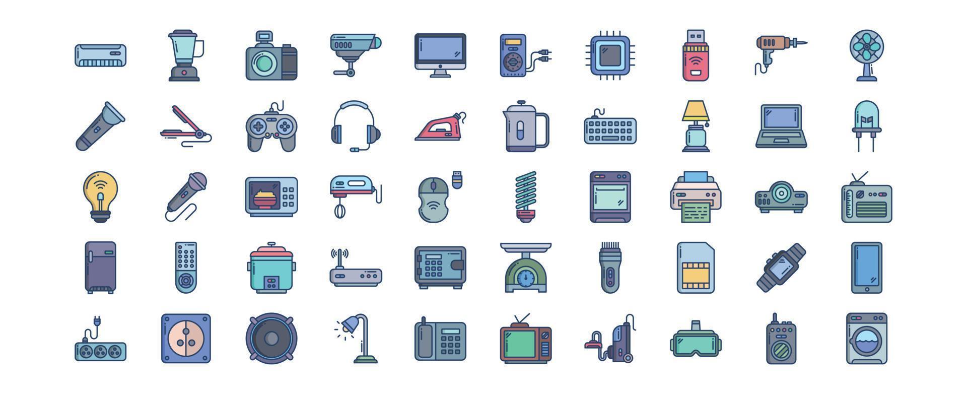 Sammlung von Symbolen im Zusammenhang mit elektrischen Geräten und Haushaltsgeräten, einschließlich Symbolen wie Monitor, Projektor, Maus und mehr. vektorillustrationen, pixelperfekter satz vektor