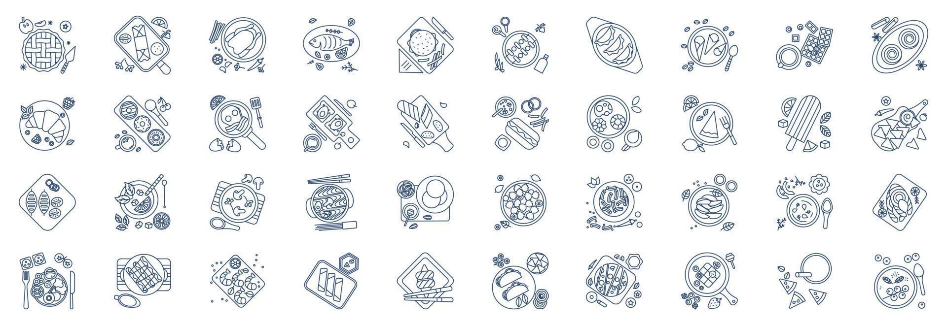 Sammlung von Symbolen im Zusammenhang mit Gerichten und gehobener Küche, darunter Symbole wie Apfelkuchen, Chinesisch, Mojito und mehr. vektorillustrationen, pixelperfekter satz vektor