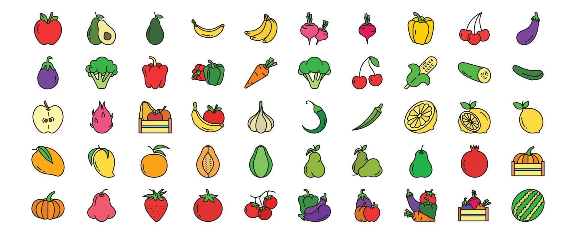 Sammlung von Symbolen im Zusammenhang mit Obst und Gemüse, darunter Symbole wie Apfel, Avocado, Banane, Karotte und mehr. vektorillustrationen, pixelperfekter satz vektor