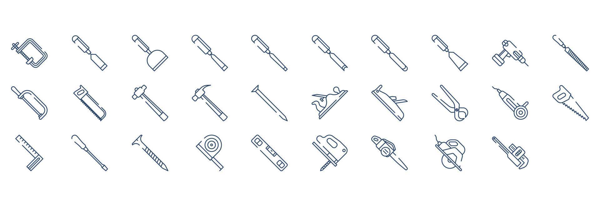 Sammlung von Symbolen im Zusammenhang mit Tischlerwerkzeugen, einschließlich Symbolen wie Clipper, Schneidwerkzeug, Feile und mehr. vektorillustrationen, pixelperfekter satz vektor