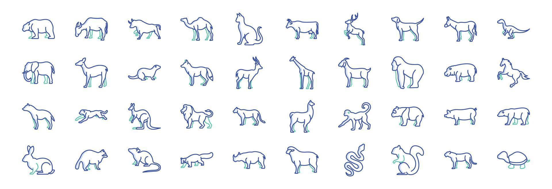 Sammlung von Symbolen im Zusammenhang mit Tierkörpern, darunter Symbole wie Bär, Hund, Dinosaurier, Kuh und mehr. vektorillustrationen, pixelperfekter satz vektor