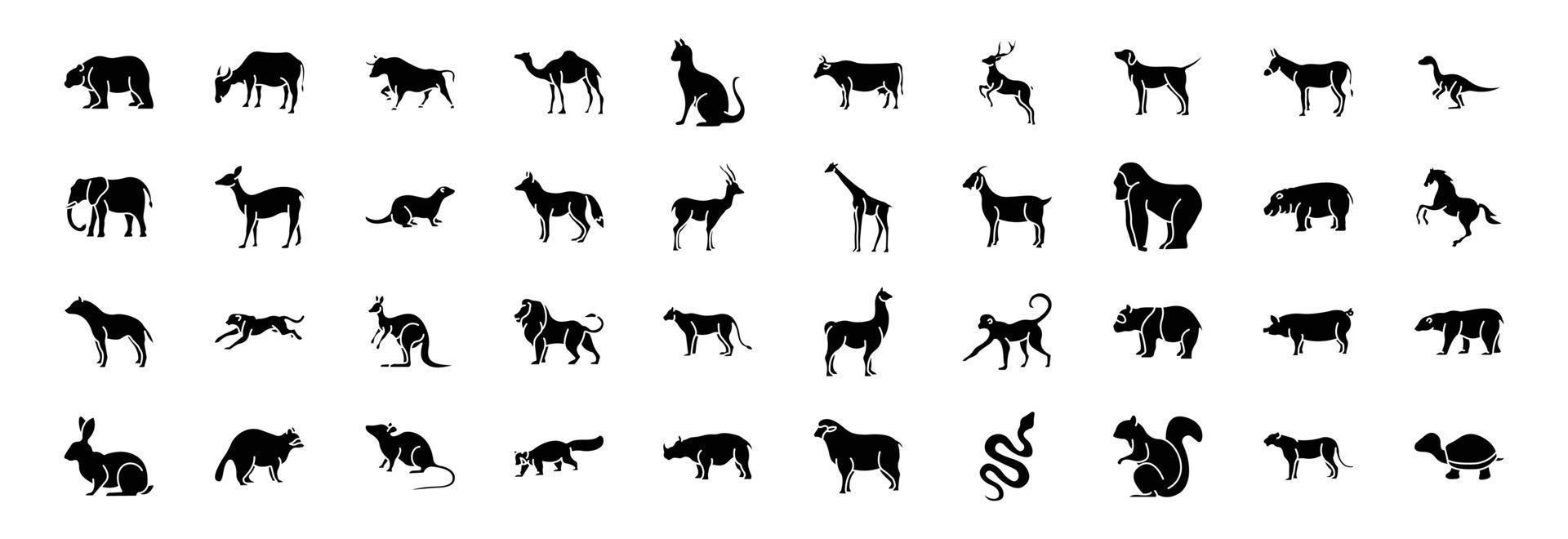 Sammlung von Symbolen im Zusammenhang mit Tierkörpern, darunter Symbole wie Bär, Hund, Dinosaurier, Kuh und mehr. vektorillustrationen, pixelperfekter satz vektor