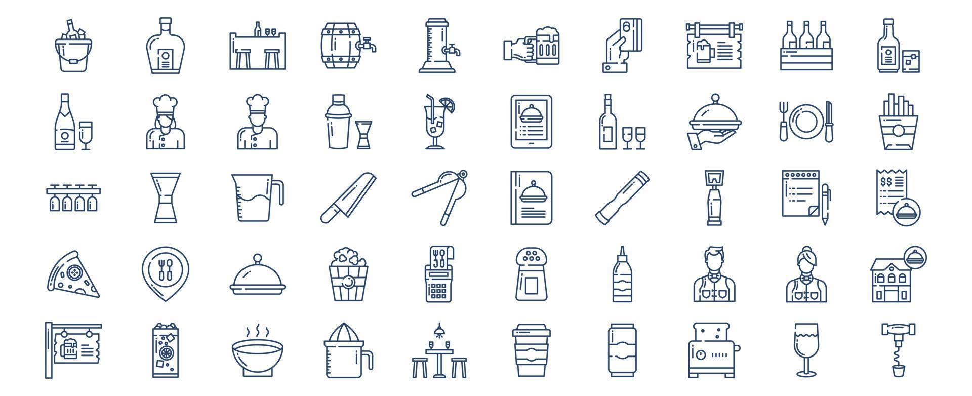 Sammlung von Symbolen im Zusammenhang mit Bars und Restaurants, einschließlich Symbolen wie Eiskübel, Bier und mehr. vektorillustrationen, pixelperfekter satz vektor