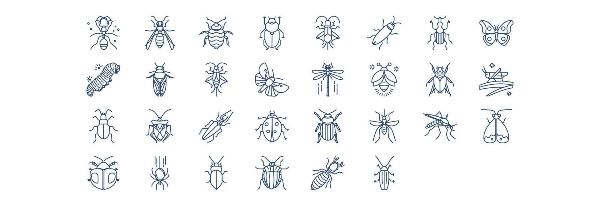 Sammlung von Symbolen im Zusammenhang mit Käfern und Insekten, darunter Symbole wie Ameise, Käfer, Boxelder und mehr. vektorillustrationen, pixelperfekter satz vektor