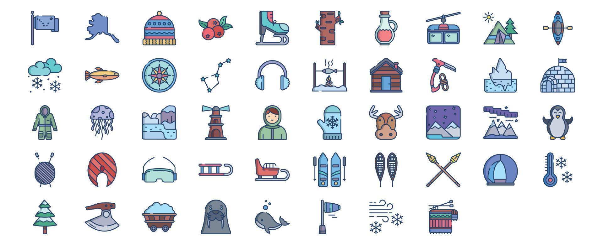 Sammlung von Symbolen mit Bezug zu Alaska, darunter Symbole wie Camping, Schnee, Konstellation, Iglu und mehr. vektorillustrationen, pixelperfekter satz vektor