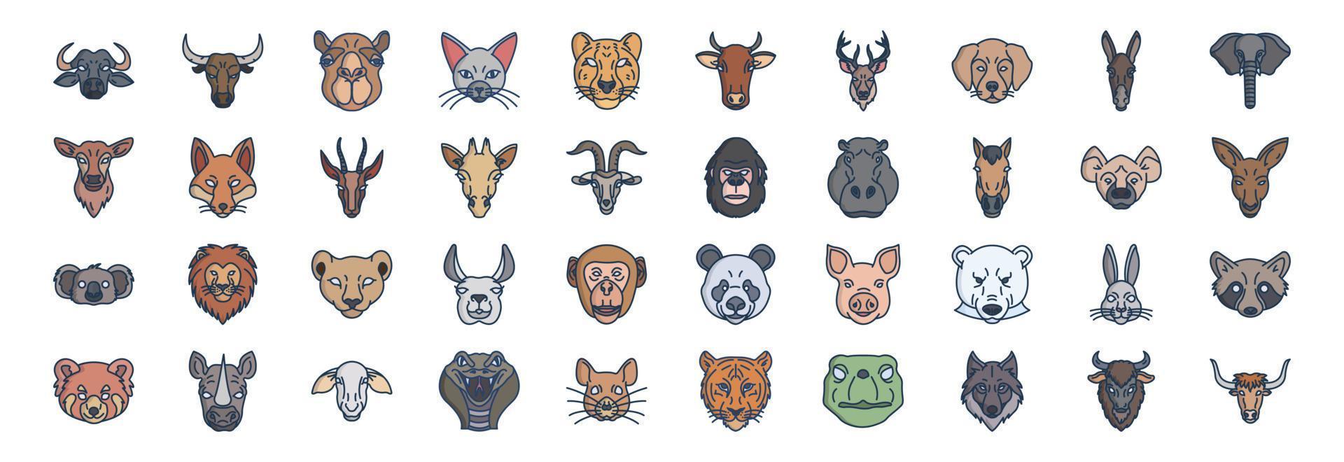 Sammlung von Symbolen im Zusammenhang mit Tiergesichtern, einschließlich Symbolen wie Hund, Elefant, Katze, Kamel und mehr. vektorillustrationen, pixelperfekter satz vektor