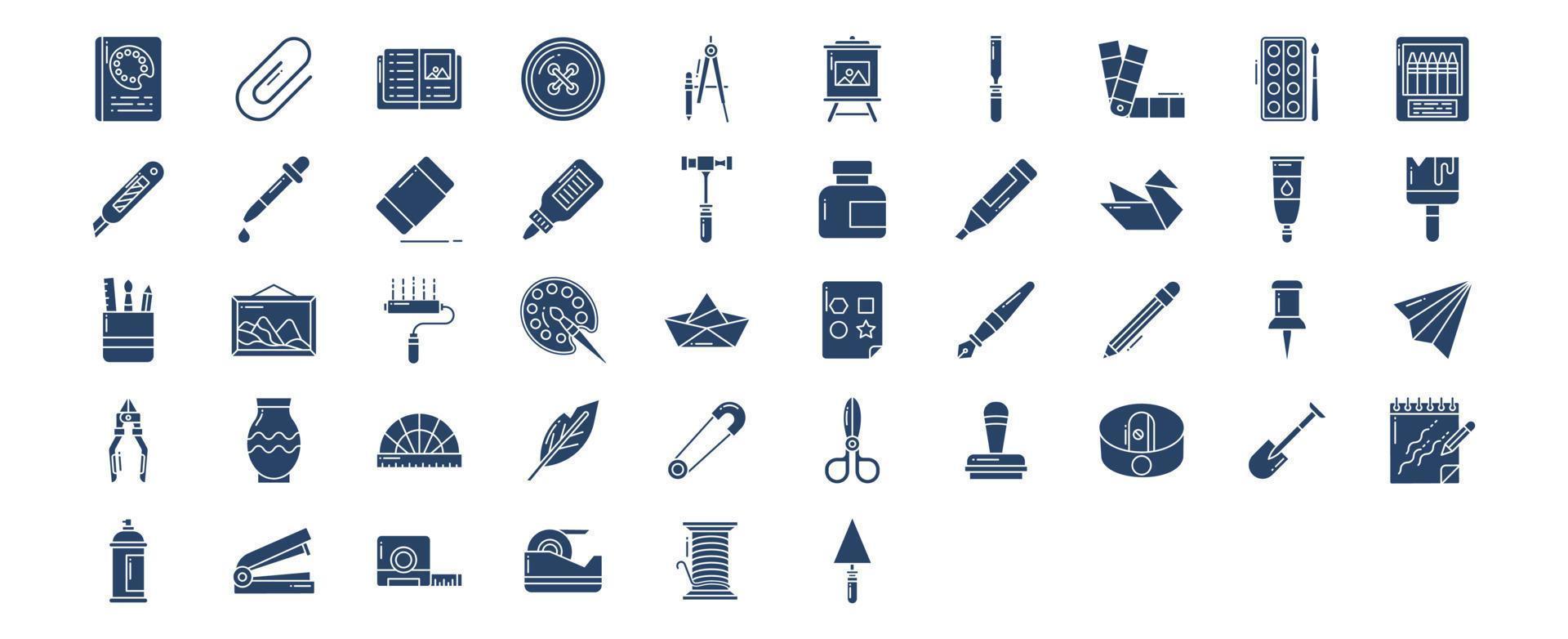 Sammlung von Symbolen im Zusammenhang mit Handwerk und Werkzeugen, einschließlich Symbolen wie Buch, Anhängen, Buntstifte, Tropfen und mehr. vektorillustrationen, pixelperfekter satz vektor