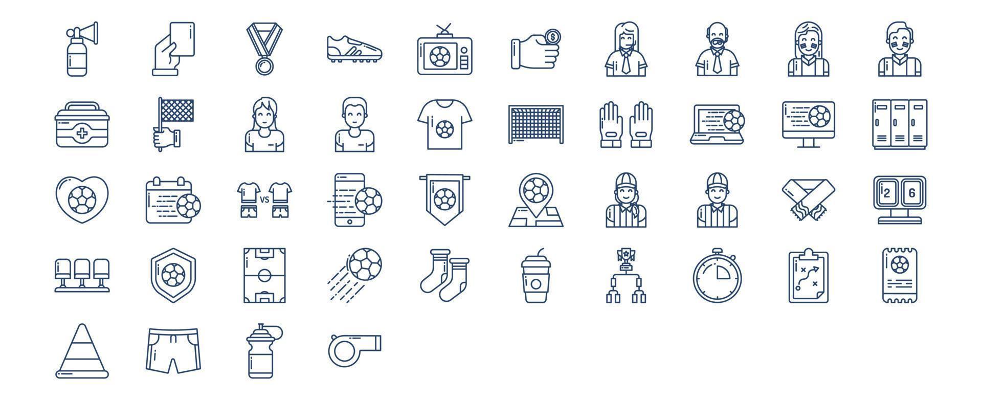 Sammlung von Symbolen im Zusammenhang mit Fußball und Fußball, einschließlich Symbolen wie Fußball, Match, Stiefel, Spiel und mehr. vektorillustrationen, pixelperfekter satz vektor