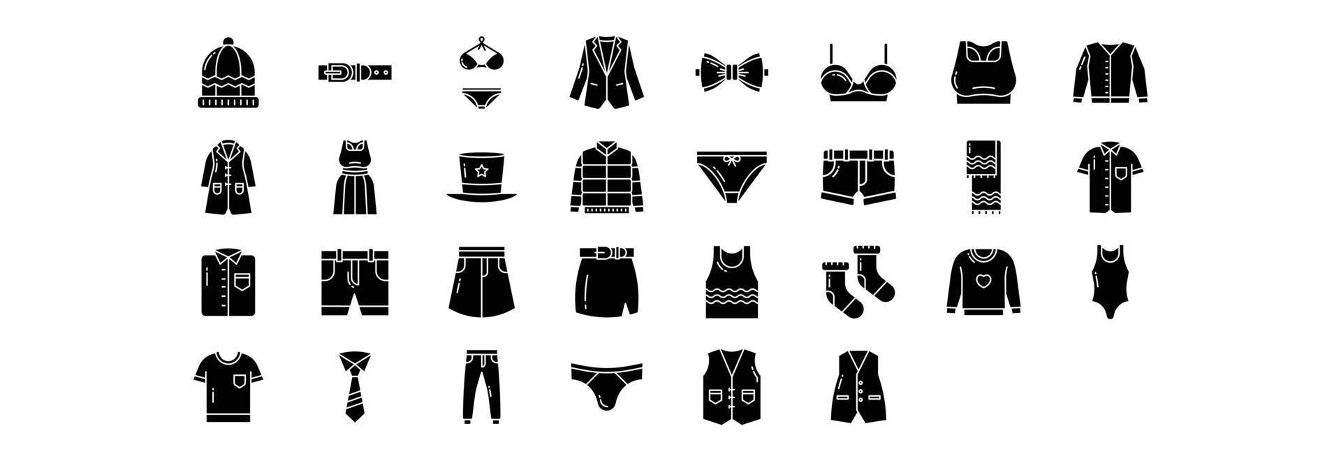 Sammlung von Symbolen im Zusammenhang mit Kleidung und Kleidung, einschließlich Symbolen wie Mütze, Gürtel, Blazer, Schleife und mehr. vektorillustrationen, pixelperfekter satz vektor