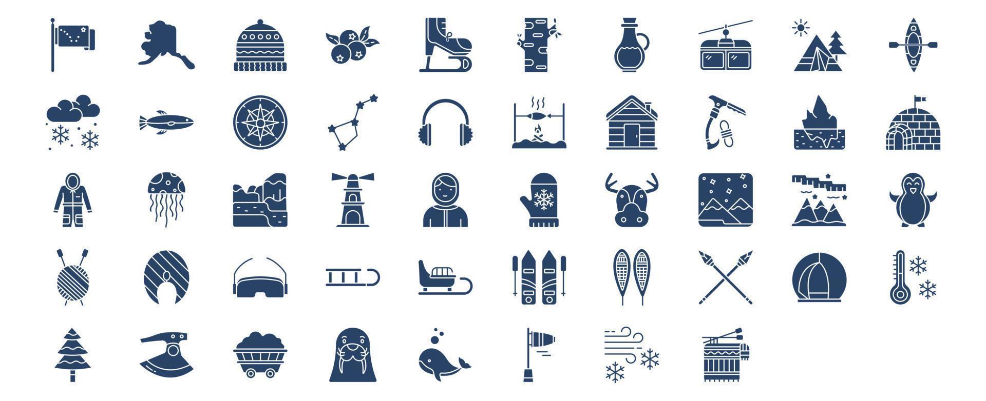 Sammlung von Symbolen mit Bezug zu Alaska, darunter Symbole wie Camping, Schnee, Konstellation, Iglu und mehr. vektorillustrationen, pixelperfekter satz vektor