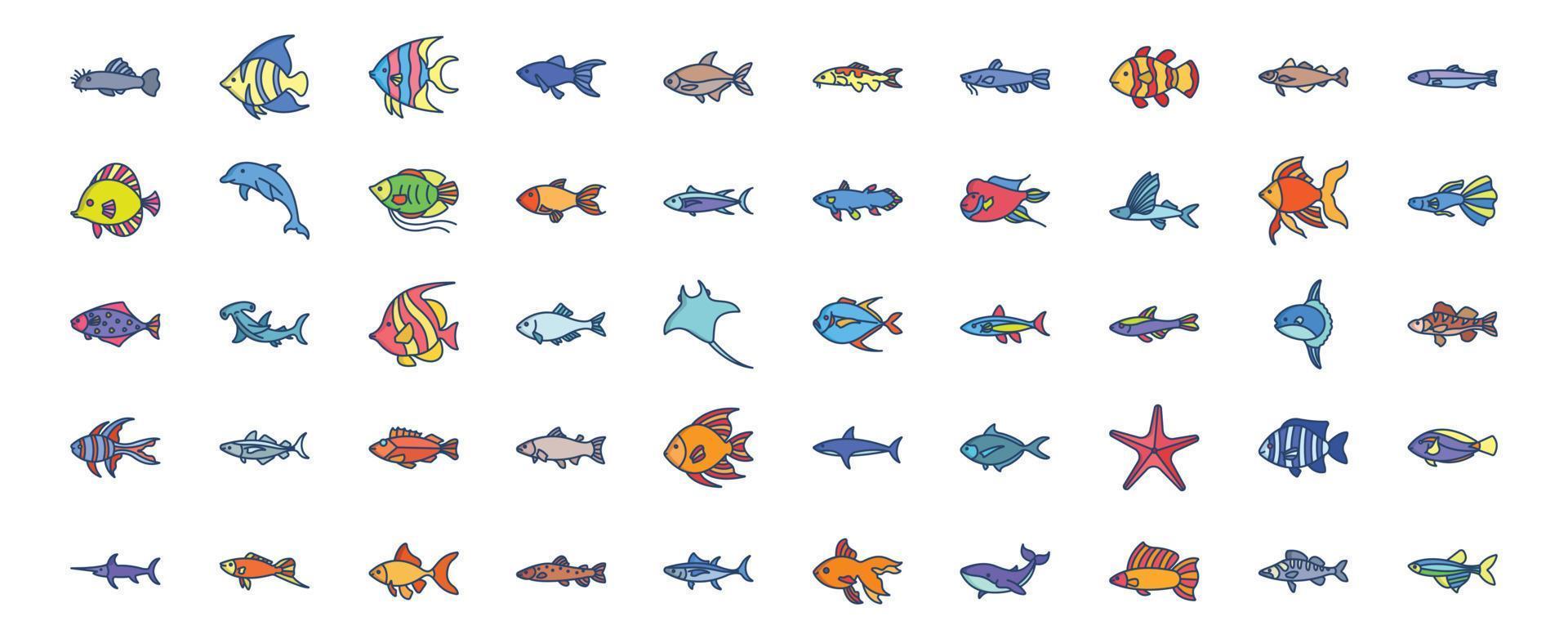 Sammlung von Symbolen im Zusammenhang mit Fischen, darunter Symbole wie Delfine, Seesterne, Wale, Haifische und mehr. vektorillustrationen, pixelperfekter satz vektor