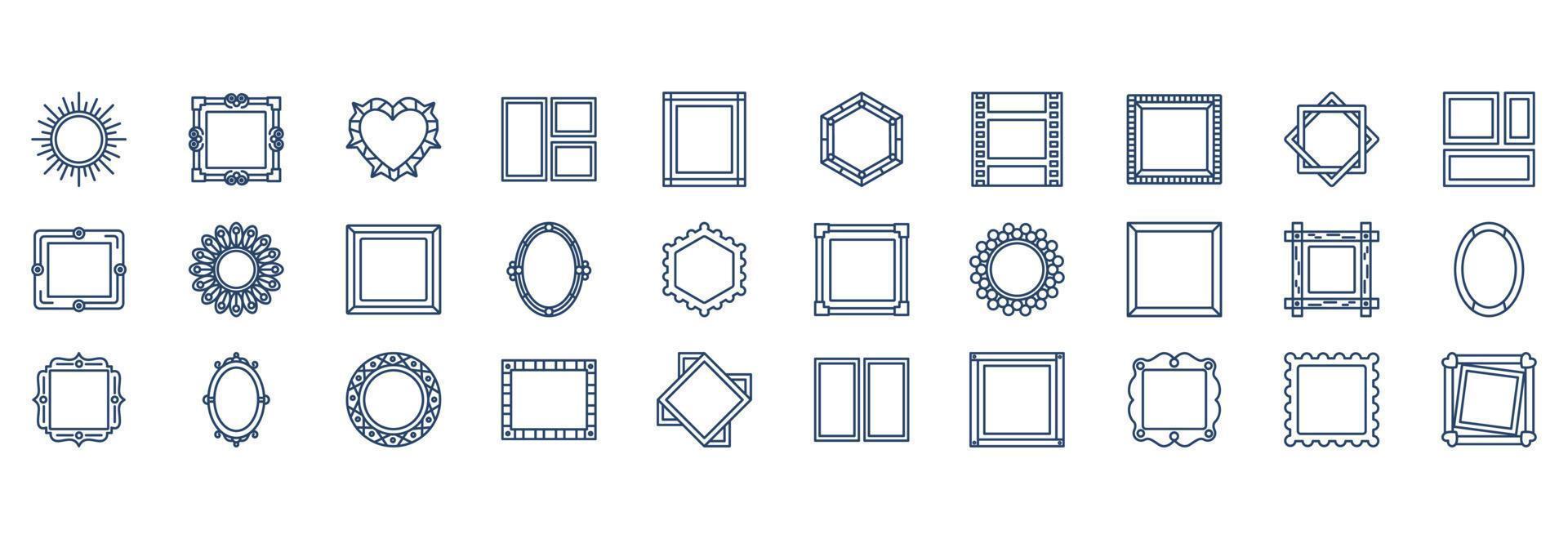 Sammlung von Symbolen im Zusammenhang mit Fotorahmen, einschließlich Symbolen wie Bilderrahmen, Druckrahmen und mehr. vektorillustrationen, pixelperfekter satz vektor