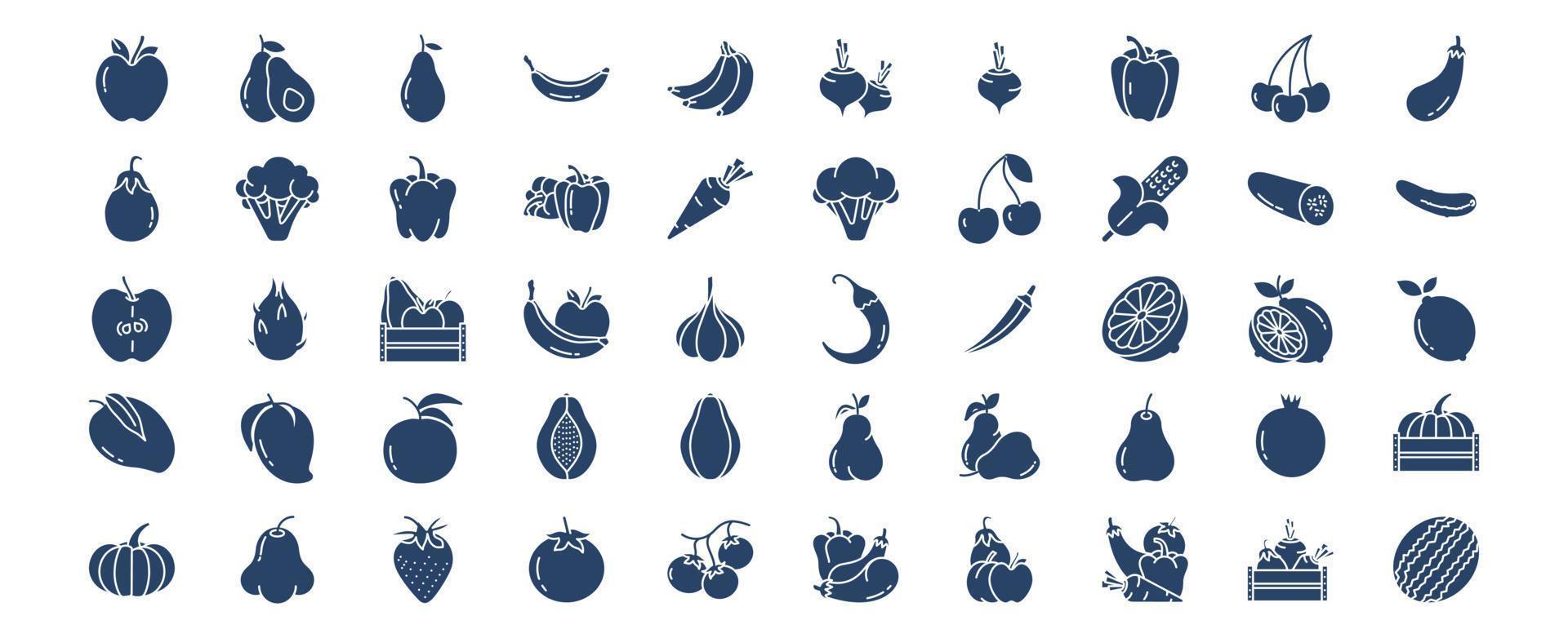 samling av ikoner relaterad till frukt och grönsaker, Inklusive ikoner tycka om äpple, avokado, banan, morot och Mer. vektor illustrationer, pixel perfekt uppsättning