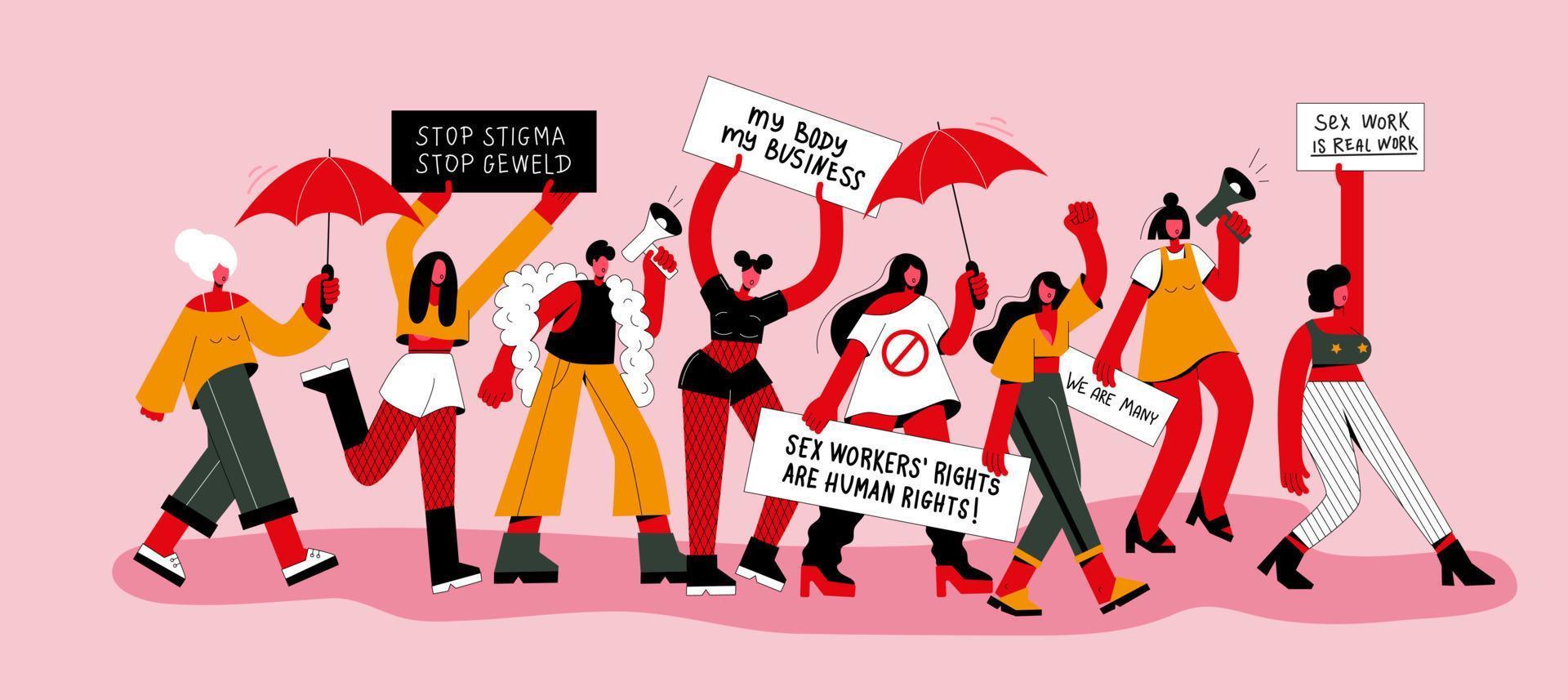 internationell dag till slutet våld mot sex arbetare. människor protest med plakat, en megafon och en röd paraply vektor