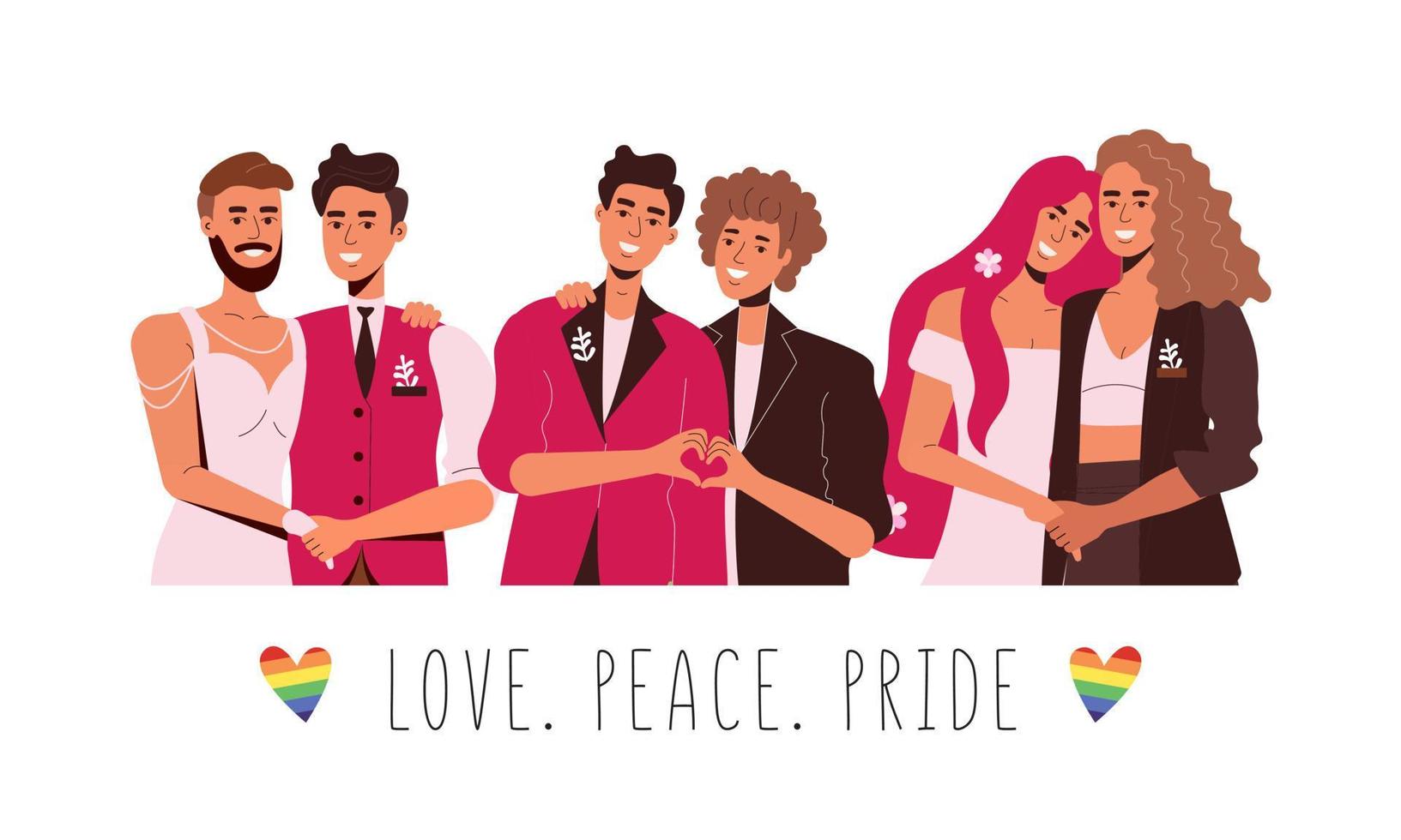 Gay och lesbisk par i kärlek. kärlek, fred, stolthet. HBTQ gemenskap. okonventionell bröllop, en man i en klänning vektor