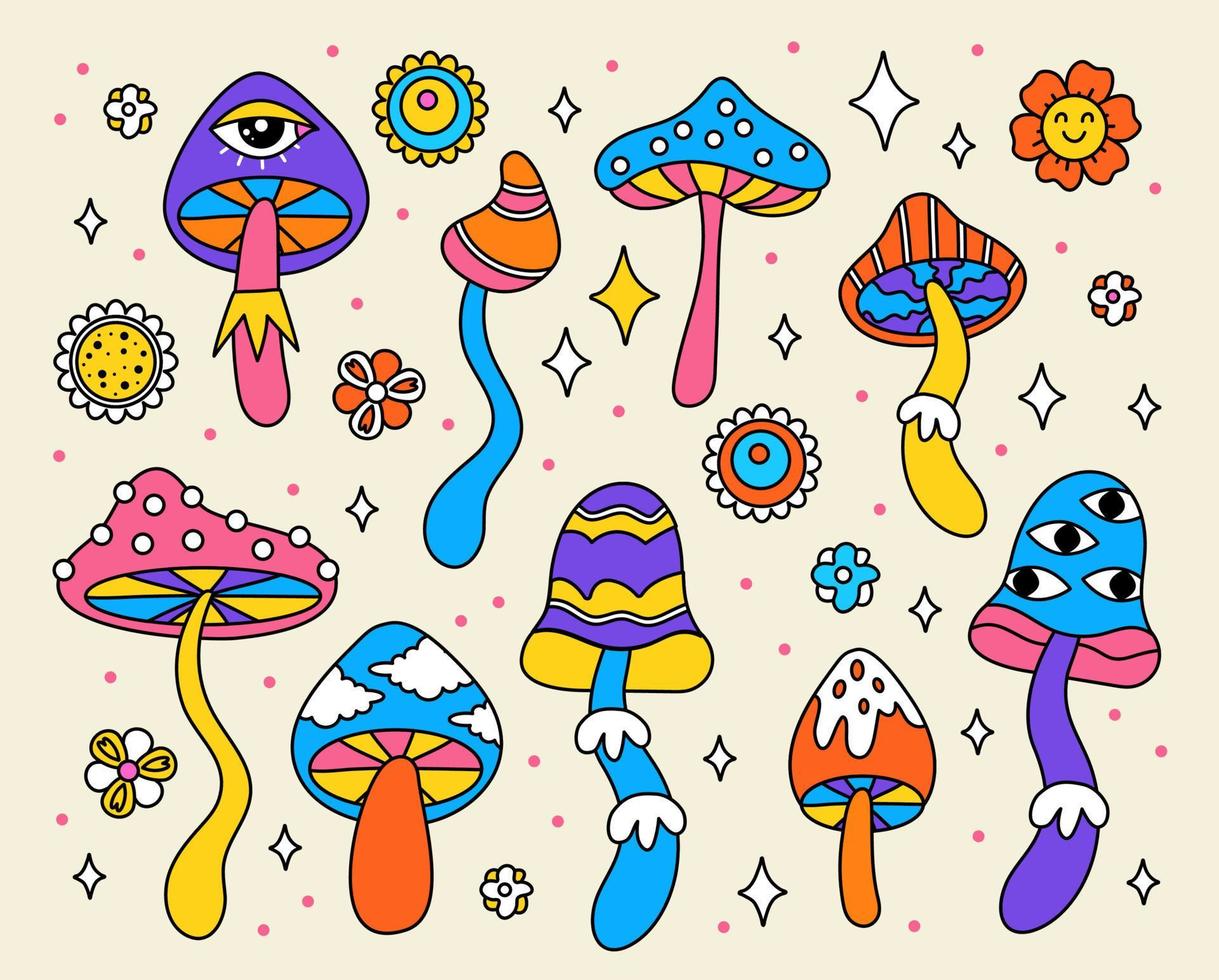 eine Reihe von hellen halluzinogenen Pilzen. Babyaufkleber im Hippie-Stil. psychedelische Zeichnungen von Fliegenpilzen vektor