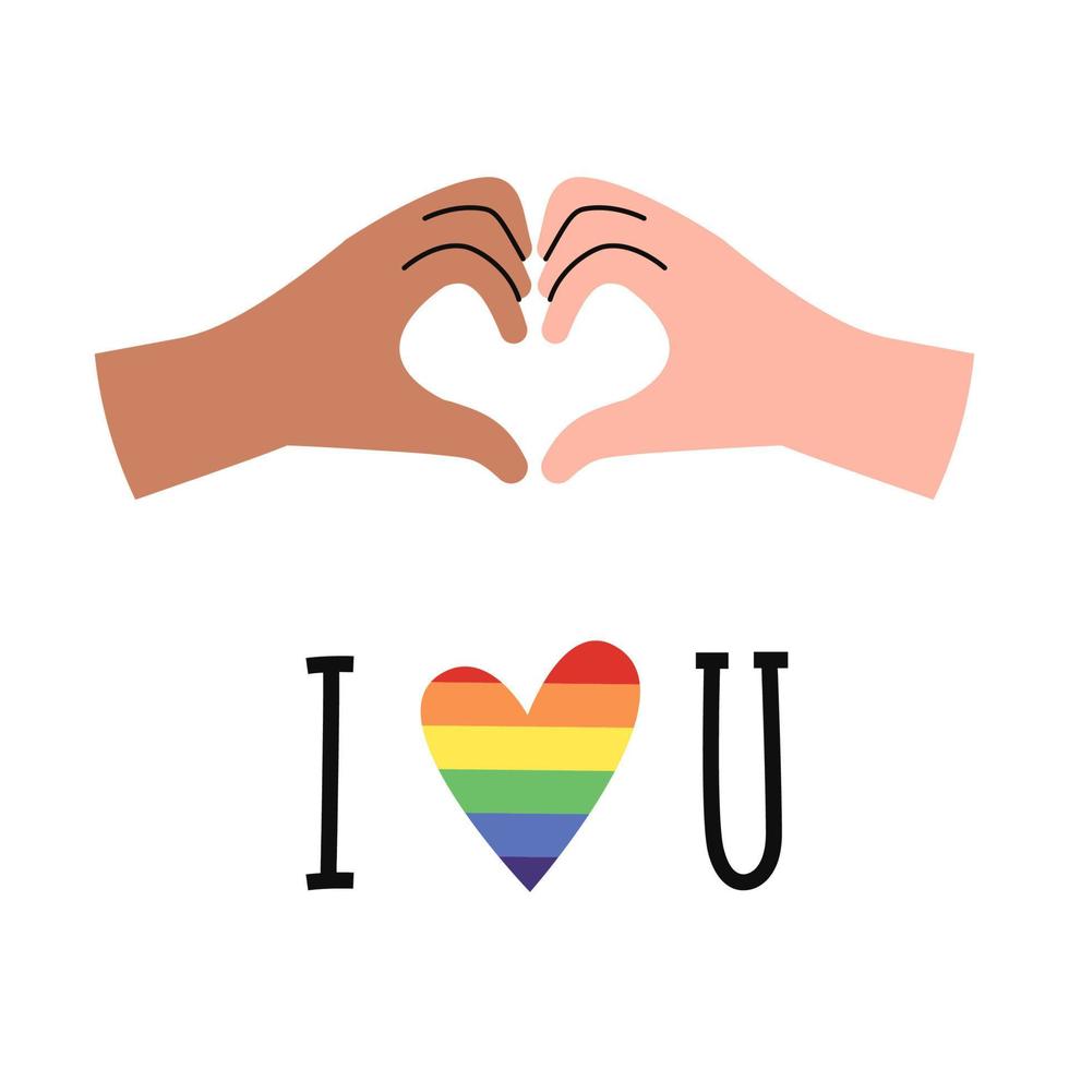 de händer och fingrar visa en hjärta. regnbåge HBTQ flagga. kärlek stolthet. vektor illustration på en vit bakgrund