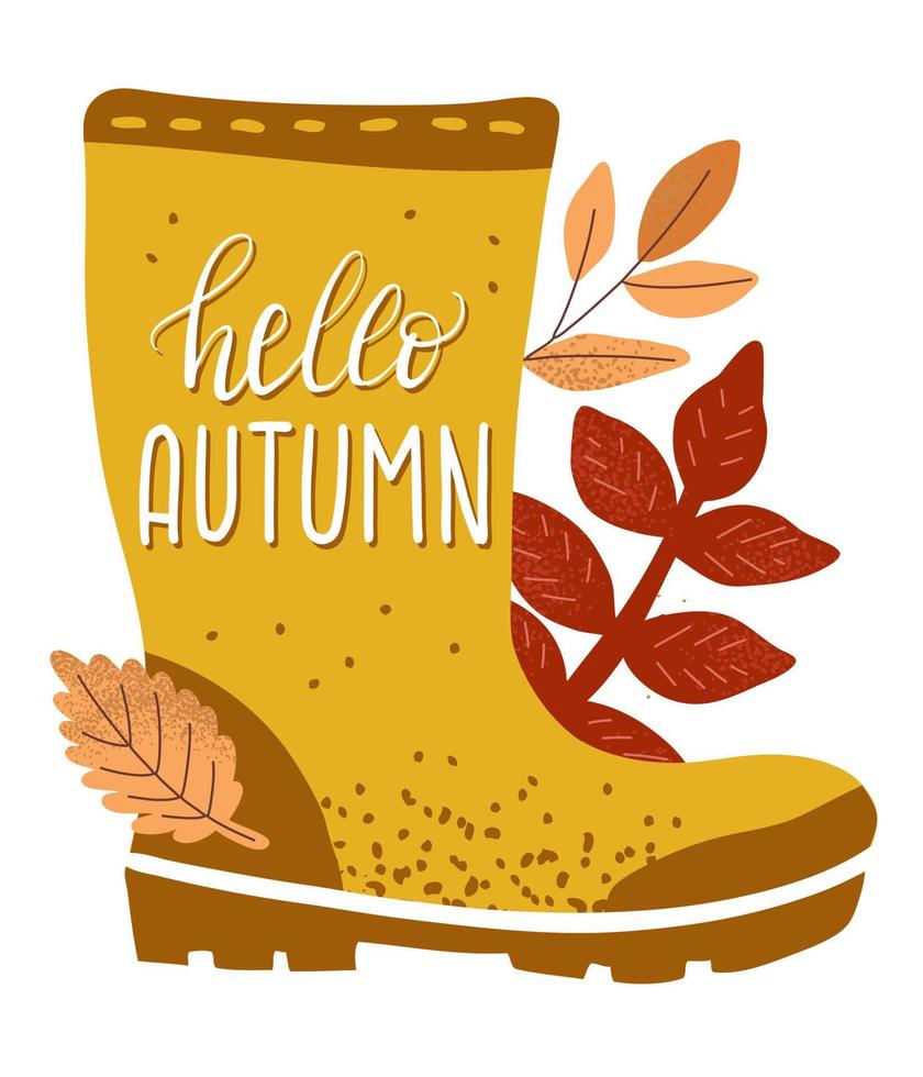 gelbe Gummistiefel des Herbstes auf einem weißen Hintergrund. schriftzug hallo herbst. Laubfall und Herbstwetter. wasserdichte Schuhe vektor