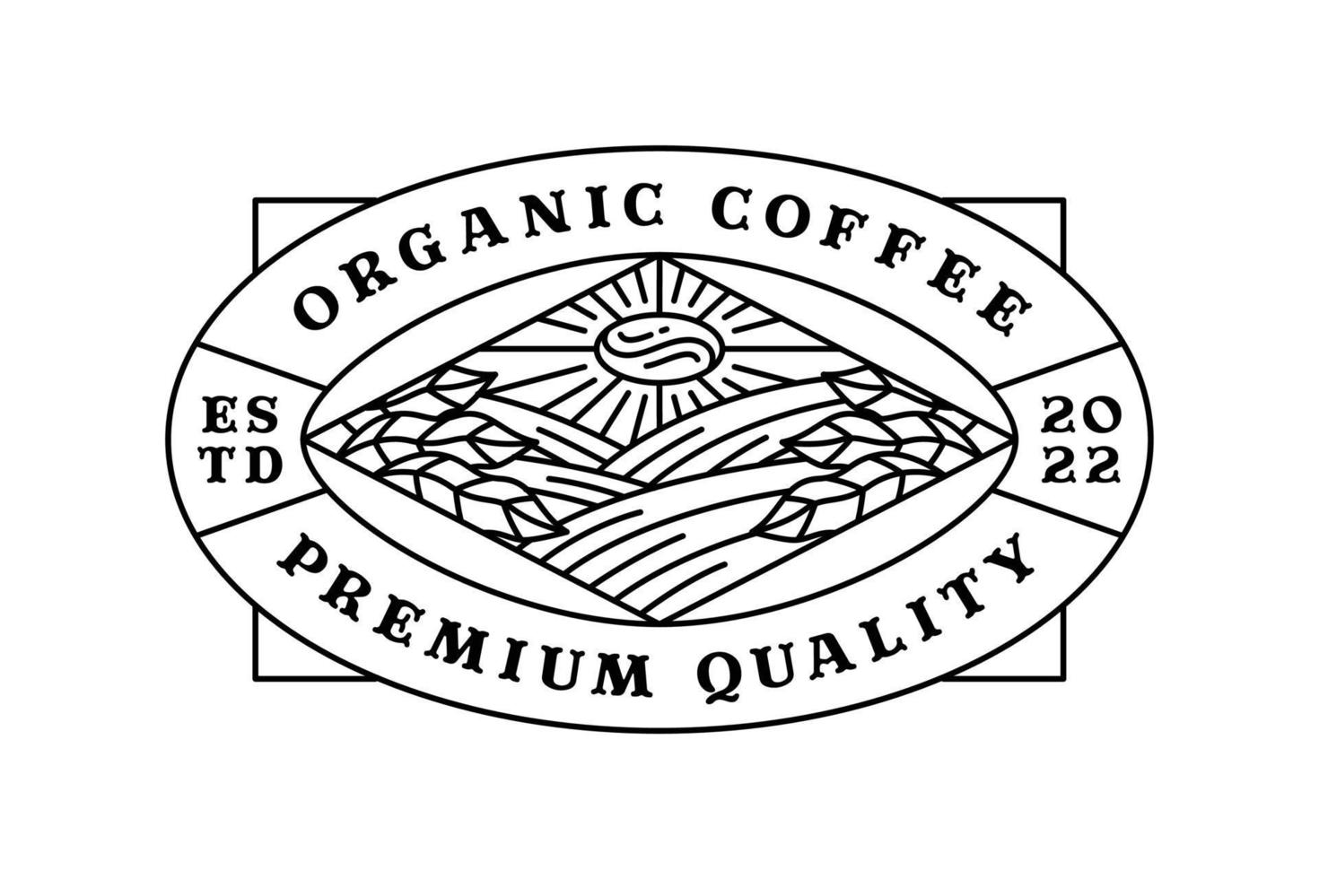 kaffe trädgård med Sol formad kaffe bönor logotyp bricka i linje konst stil vektor