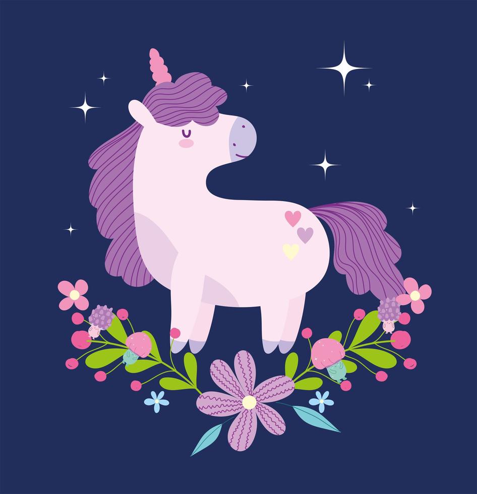 unicorn fantasy magiska djur med blommor vektor