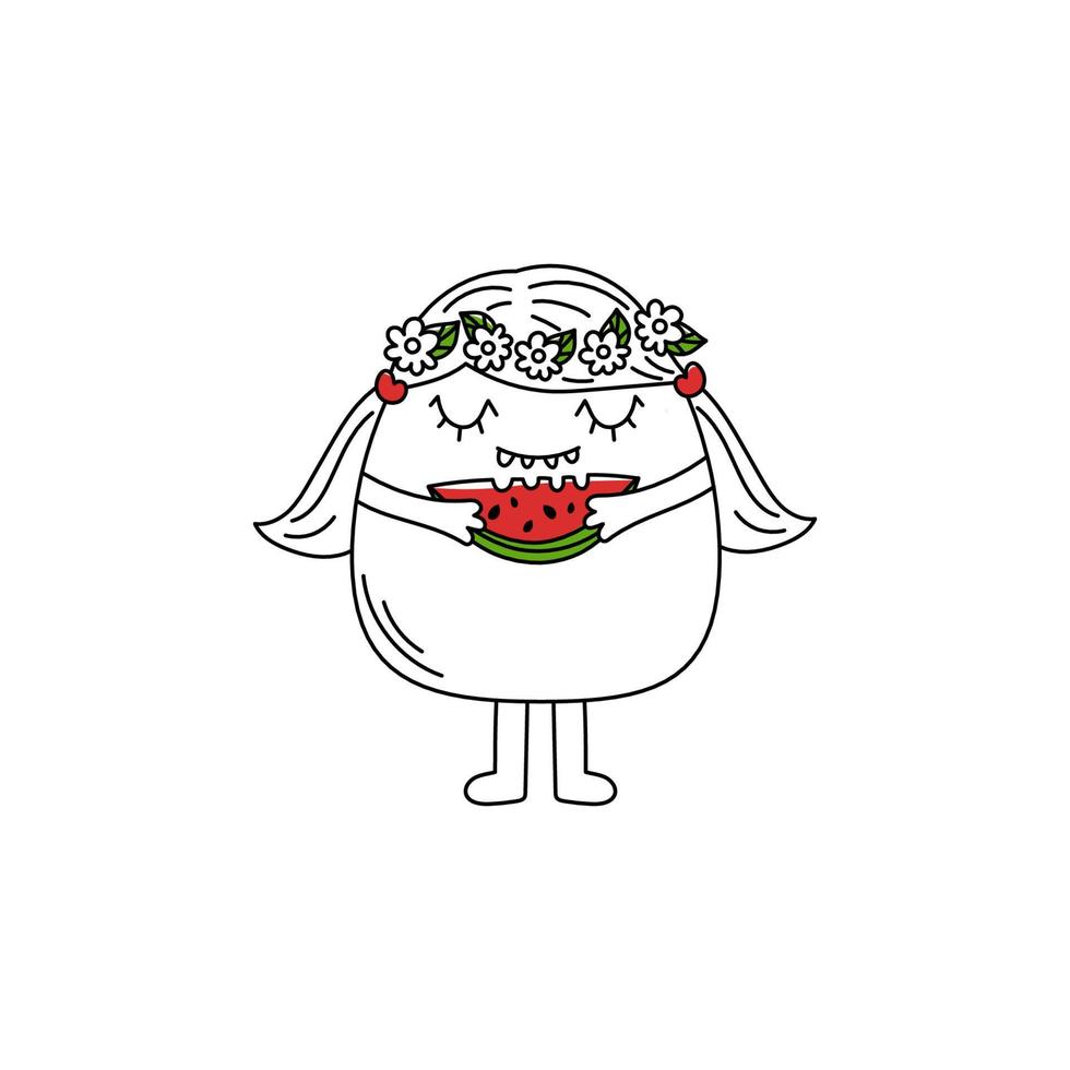 Doodle-Mädchen-Monster. süßes monster mit einer wassermelone in den händen und einem kranz auf dem kopf. vektor handgezeichnete illustration