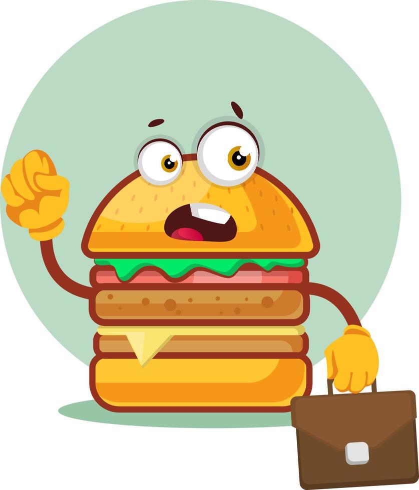 Burger trägt eine Business-Tasche, Illustration, Vektor auf weißem Hintergrund.