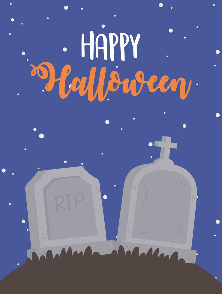 glad halloween kyrkogård gravstenar på natten design vektor