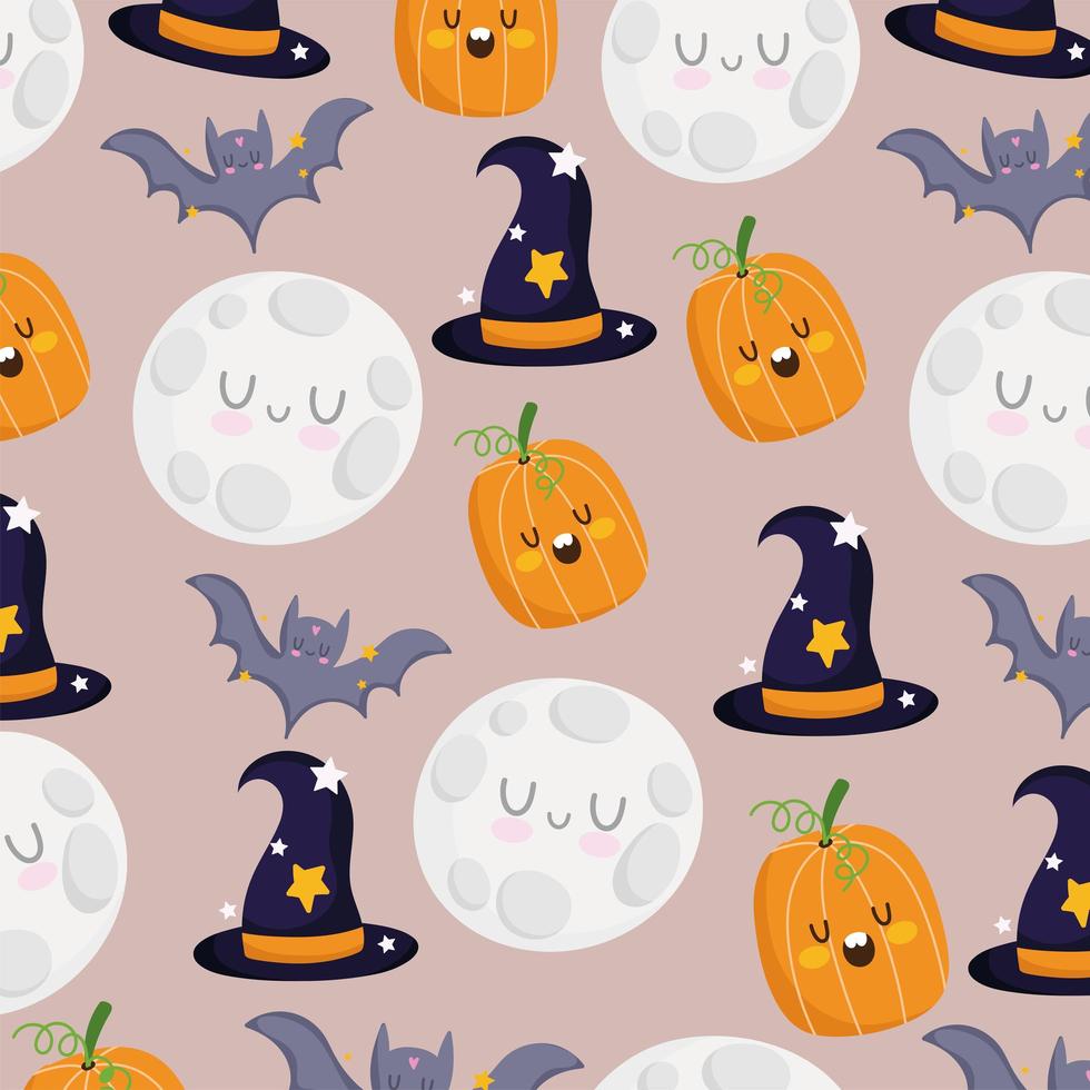 Happy Halloween Kürbis, Fledermaus, Mond, Hexenhut Muster vektor