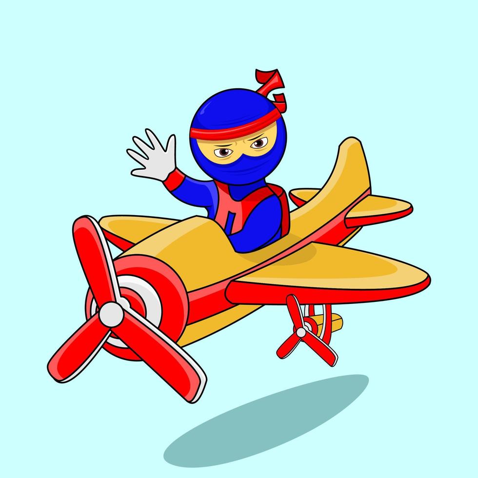 süßer charakter, ninja fährt ein flugzeug, geeignet für kinderbücher, flyer, business, social media-feeds und andere vektor