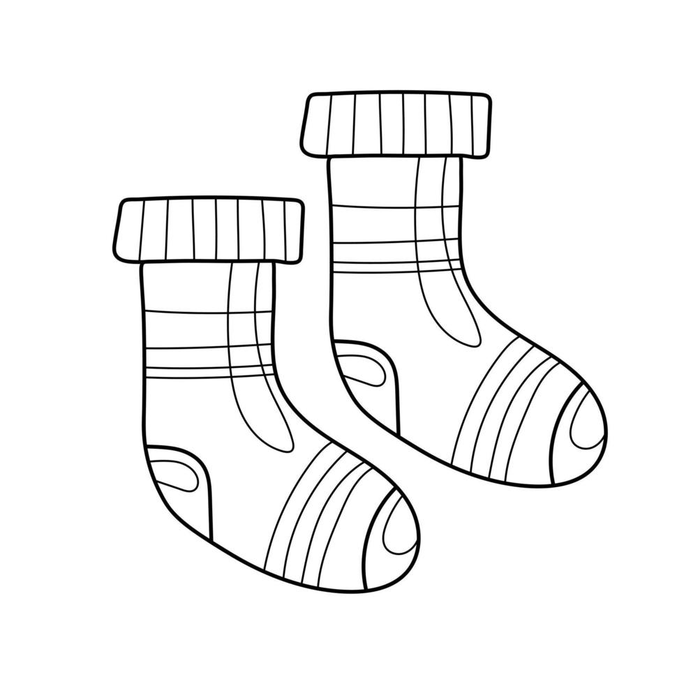 Warme Herbststricksocken, monochrome Vektorgrafik im Cartoon-Stil auf weißem Hintergrund. Malbuch vektor