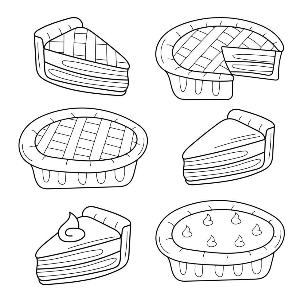 lecker gebackene Kuchensammlung. erdbeere, blaubeere, kürbiskuchen. traditionelles süßes Dessert, Gebäck-Symbol - Vektorzeichnung auf Weiß vektor