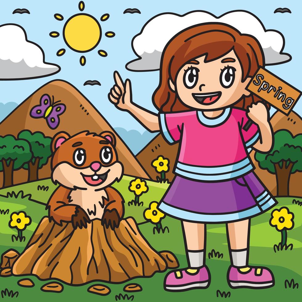 flicka och groundhog färgad tecknad serie illustration vektor