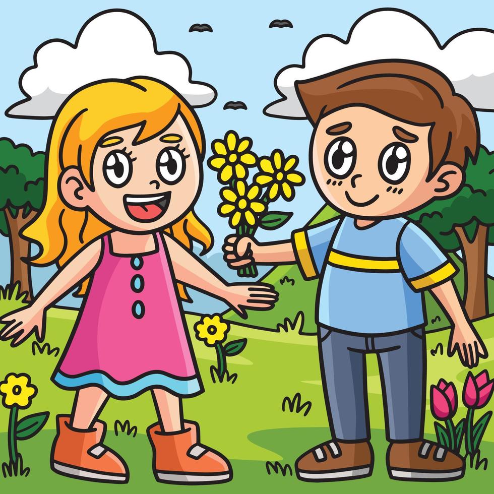 Junge, der Mädchen farbigen Cartoon Blumen gibt vektor