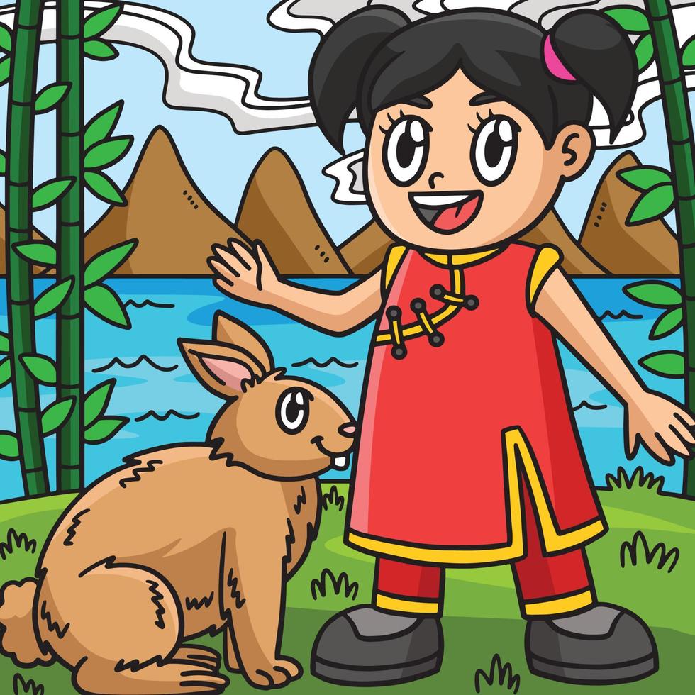 flicka med kanin färgad tecknad serie illustration vektor